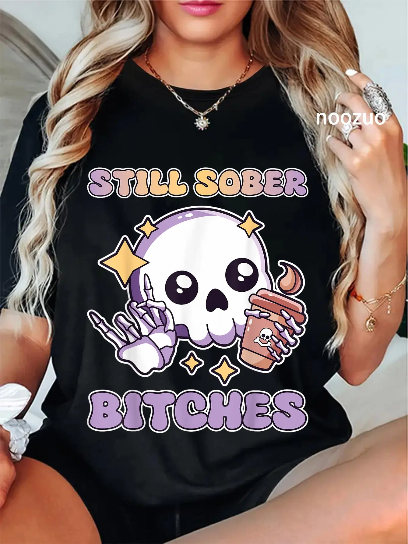 100% Cotton Still Sober Purple Skull Drinking Coffee Lover Women T-Shirt
