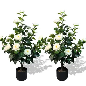 2 Pcs 3-foot Artificial Camellia Trees with 24 Flowers & 188 Leaves, UV Resistant, All Season Decor for Indoor Home Office & Outdoor Courtyard