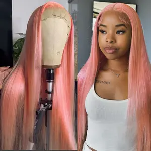 Women's 13X4 Peach Pink Straight Lace Front Wig, 28-Inch Long Heat-Resistant Synthetic Hair Replacement, Pre-Plucked Hairline, Glueless Frontal Wig