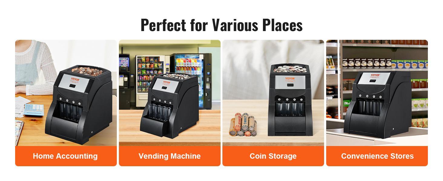 VEVOR USD Coin Sorter,  Coin Sorter Machine for USD Coin 1￠ 5￠ 10￠ 25￠, Sorts up to 230 Coins/min, Coin Sorter and Wrapper Machine Holds 200 Coins Included 4 Coin Tubes, Black  VEVOR Super Brand Day