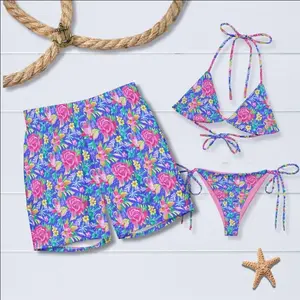 Tropical Floral Matching Couple Swimsuits – Women Triangle Bikini Set & Men Swim Trunks Beach Vacation Outfit