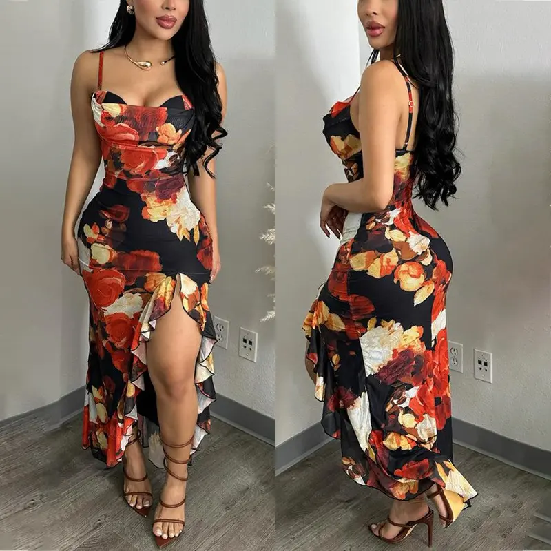 CHICME Women's Floral Print Mesh Dress Ruffle Hem High Slit Mermaid Cami Dress/Summer Dress Sexy Sleeveless Bodycon Party Dress