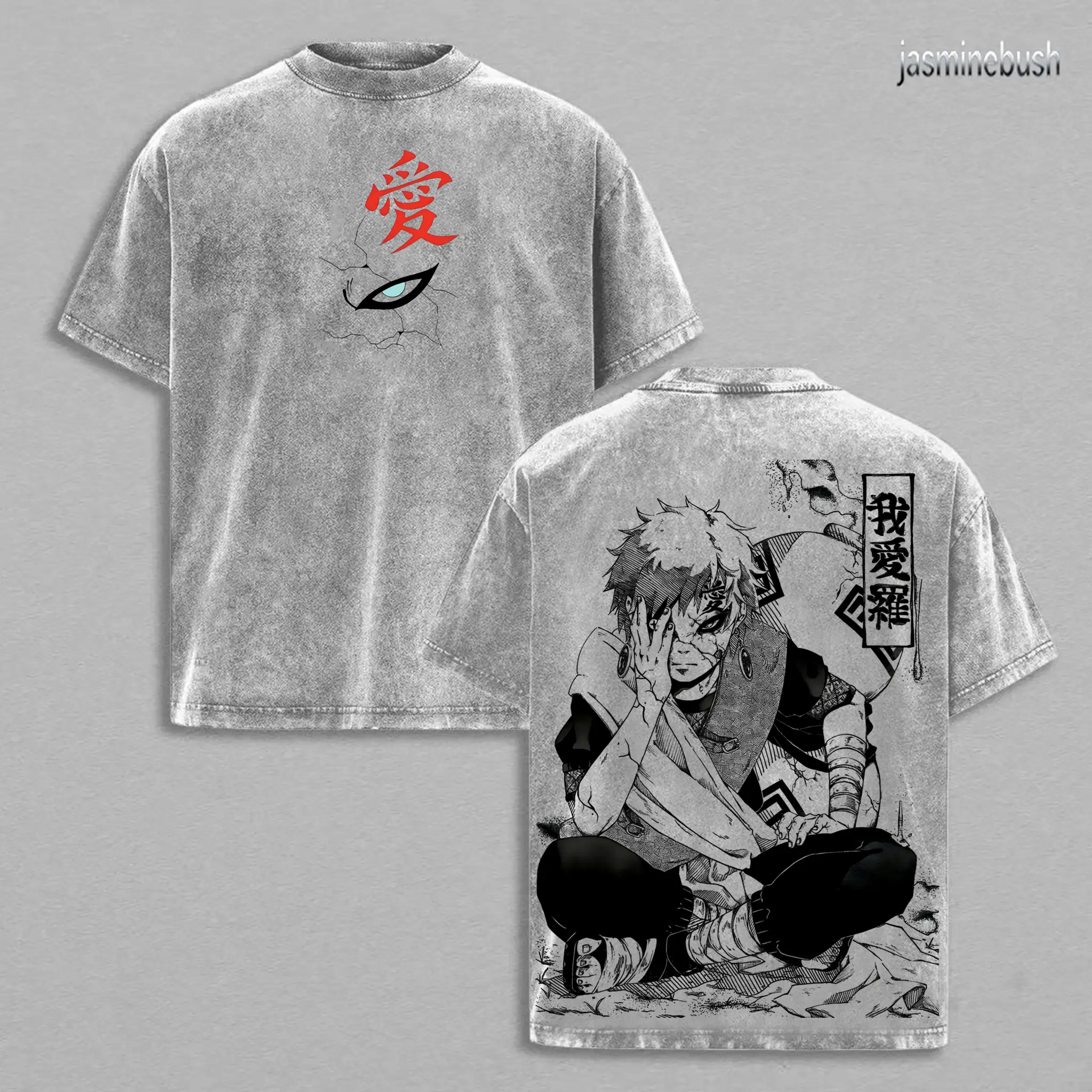 Gaara - Naruto Anime Double Printed Vintage Washed Tee Unisex Oversize Anime Manga Washed Heavyweight Cotton T-shirt, Gift For Anime Fan Casual Clothing