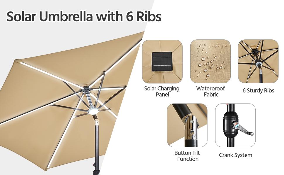 【Solar LED Strips】Yaheetech 9FT Patio Umbrella with Lighting Function, Outdoor Sunshade with Strip Lights & Hub Light, LED Table Market Umbrellas w/8 Ribs and Crank & Tilt