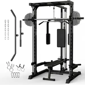 Smith Machine with Bench, Heavy Duty Power Cage Squat Rack with Smith Bar, LAT Pulldown System, Chest Station & More Training Attachment