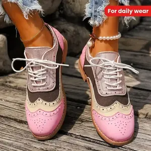 Women's ColorBlock Oxford Flats, Elegant Brogue Comfort Shoes, Versatile Lace-up Shoes, Suitable for Daily Wear Girl Brown Pink Footwear