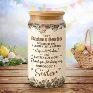 [Easter Cup] -  To My Bestie Glass Coffee Cups With Lids And Straw,  Galentines, Friendship Gift for Girlfriend, Sister, Bestie, Best Friend, Thanks For Being My Unbiological Sister 16 Oz Iced Coffee Cup