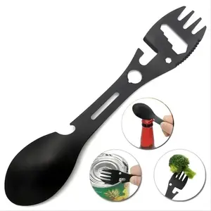 Stainless Steel Fork Spoon Camping Utensil | 7-in-1 Multifunctional Outdoor Tool | Bottle Opener Can Opener Cutting Knife Wrench | Durable Compact Portable Camping Eating Gear | For Campers Hikers | Backpacking Picnic Survival Outdoor Multi-Tool