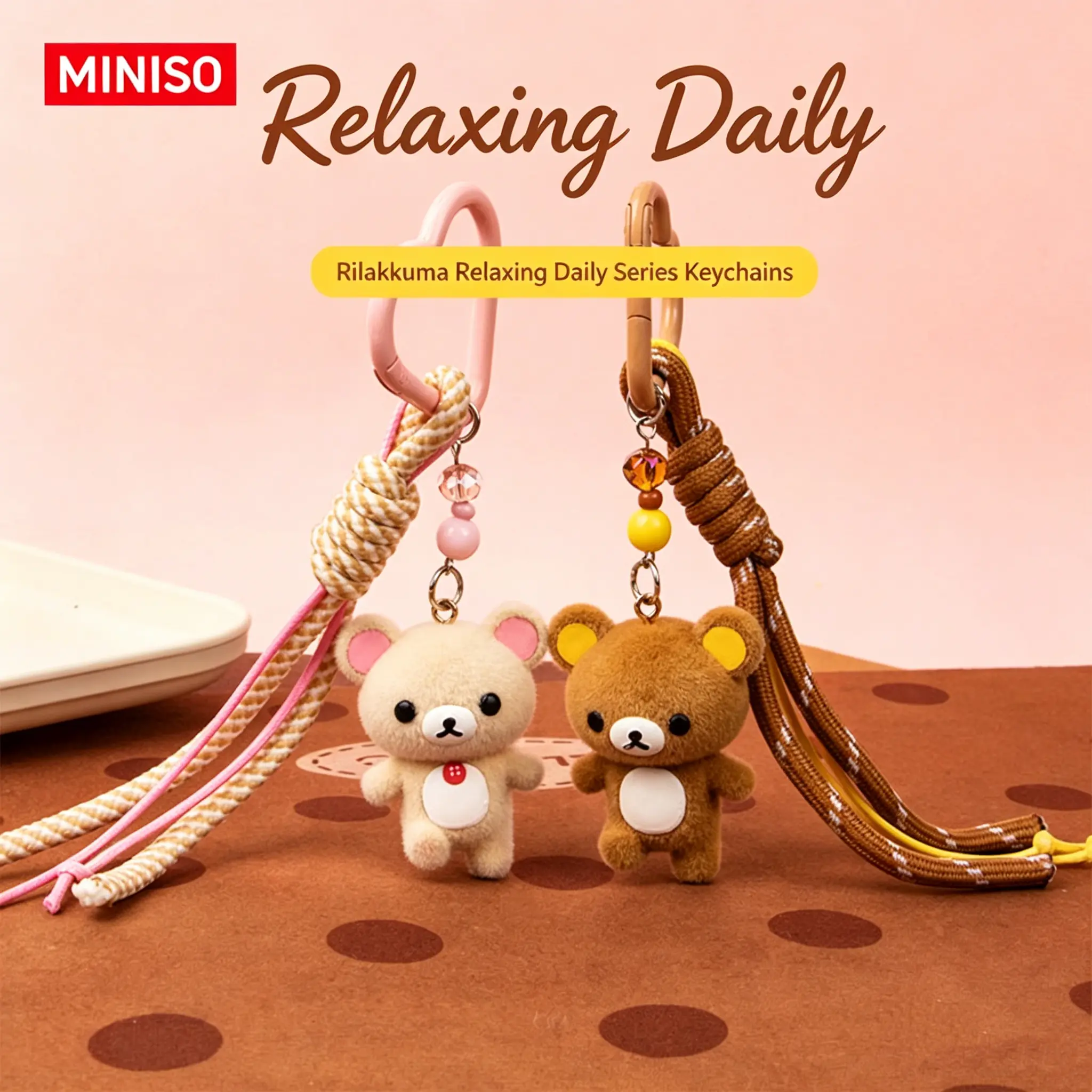 MINISO x Rilakkuma Everyday Series Heart Lock Keychain - Kawaii Aesthetic Knot Rope Charm Collectible, Bag Pendant, Bag Key Accessory, Keychain Accessory for Gifting, Bag Pendant Keychain，Back To School