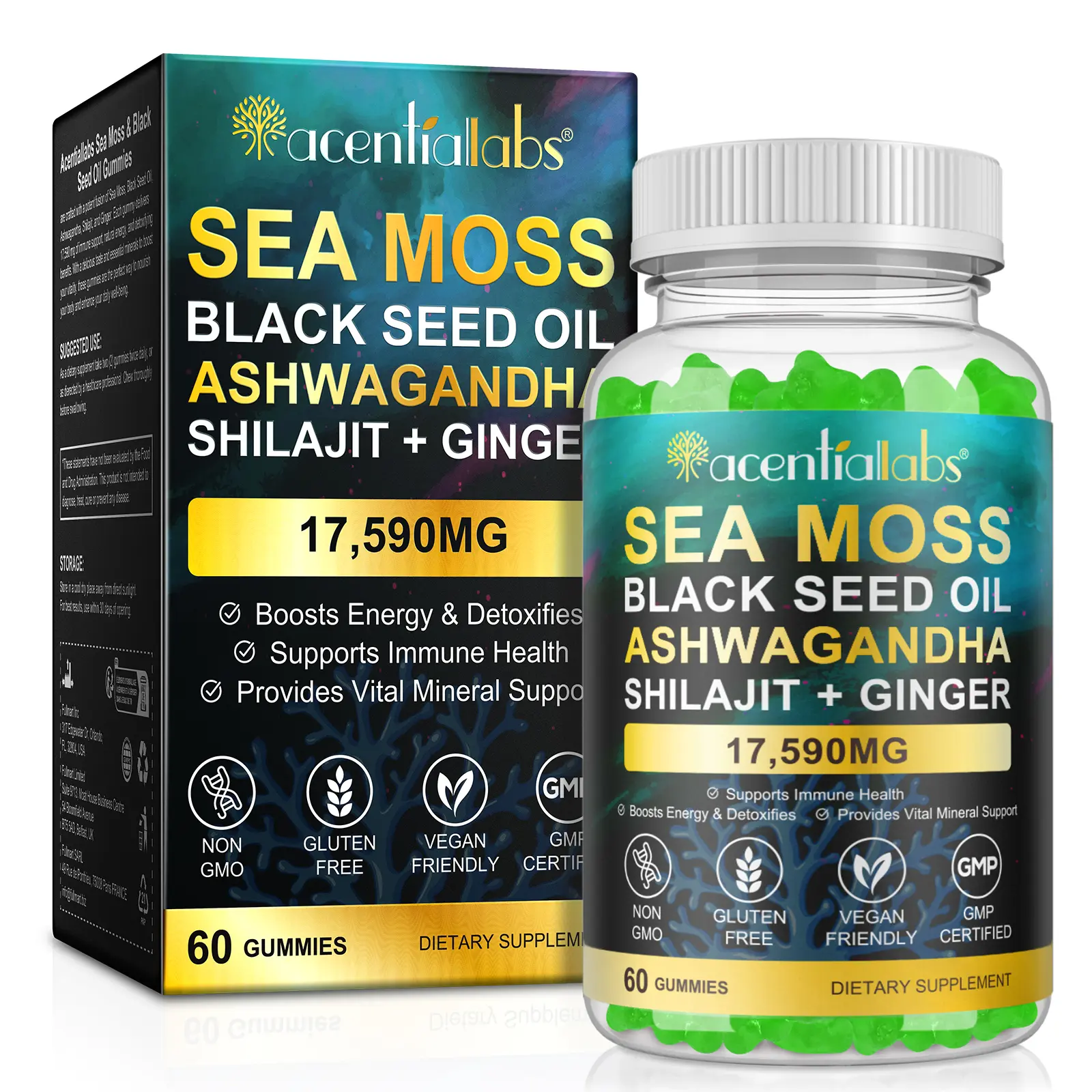 Sea Moss Gummies with Black Seed Oil, Ashwagandha, Shilajit & Ginger Root Extract - 17590mg High Potency Healthcare Supplement with Minerals for Immune, Thyroid & Detox Support, 60 Count Ginger Supplements for Adults