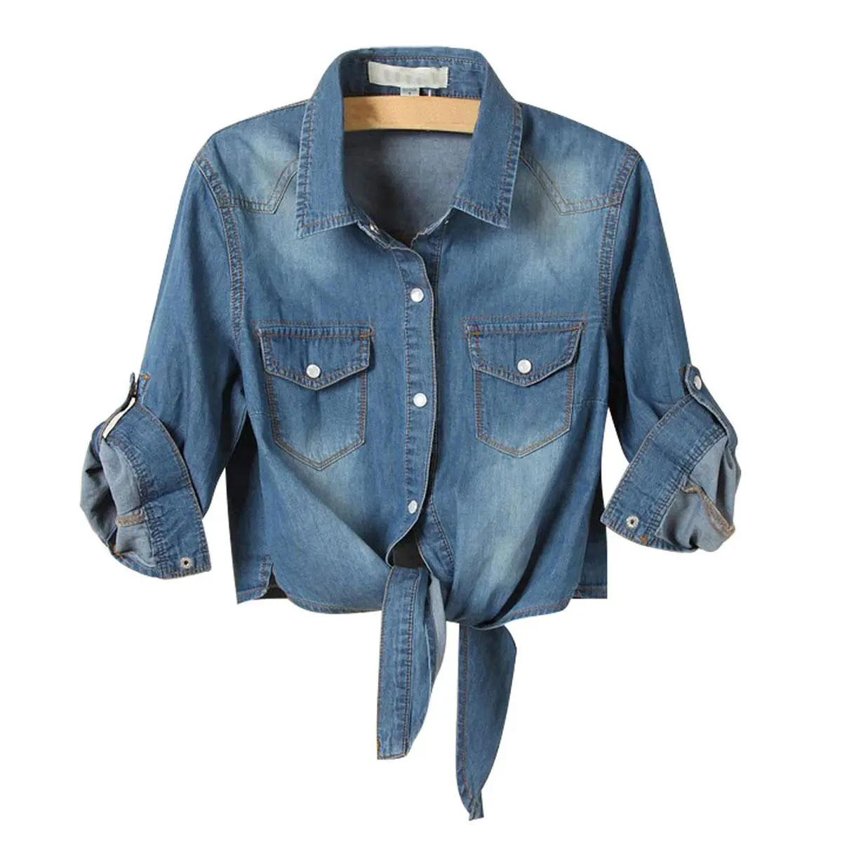 JovenPara Women's 3/4 Sleeve Cotton Blouse - Tie-Front Knot, Denim Look Crop Top, Denim Look Blouses & Shirts, Lady, Snap Buttons, Turn-Down, Fashion, Basic, Button Strap, Distressed