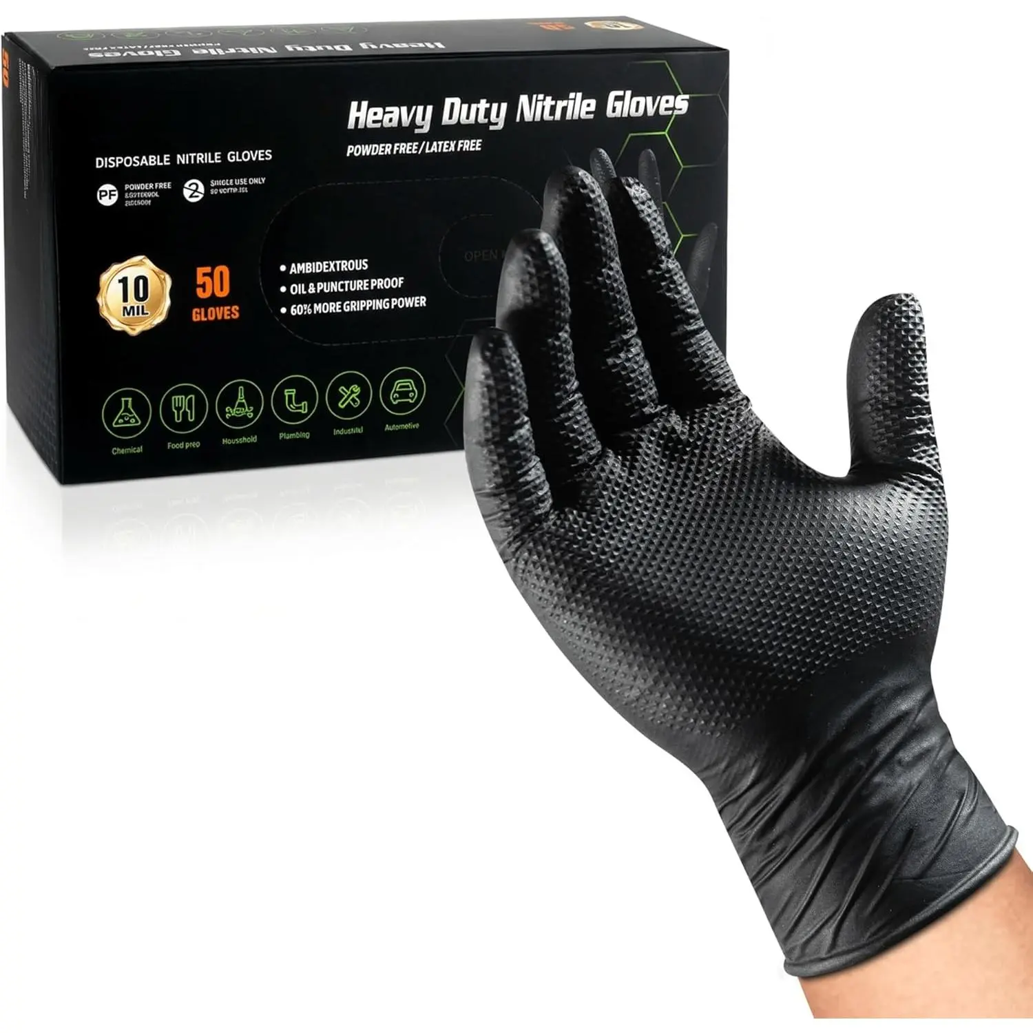 10 Mil Nitrile Gloves Large - Disposable Heavy Duty Rubber Gloves, Raised Diamond Texture Mechanic Gloves, Latex Free Industrial Work Gloves for Garage & Tools, 50 Count
