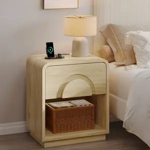 Bestier Nightstand with Charging Station, Modern LED End Table Bedside Table with Drawer for Bedroom & Living Room, Natual Oak