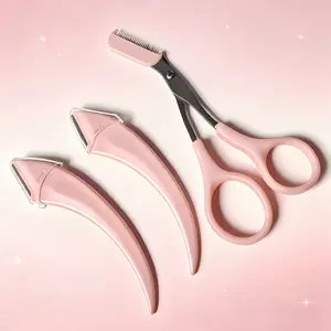 Beginner Proof Eyebrow Trimmer Kit, Pink Bathroom Grooming Tool, 2 Curved Razors+Scissors+Eyebrow Trimmer, Precise Shaping Flawless Brows