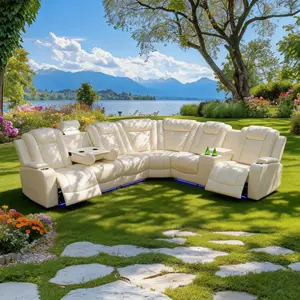 Off-White Electric Recliner Sofa Breathing Leather 3-Piece Living Room Set with LED Lighting & Modern Design Upholstered Soft Couch Upholstered Sectional