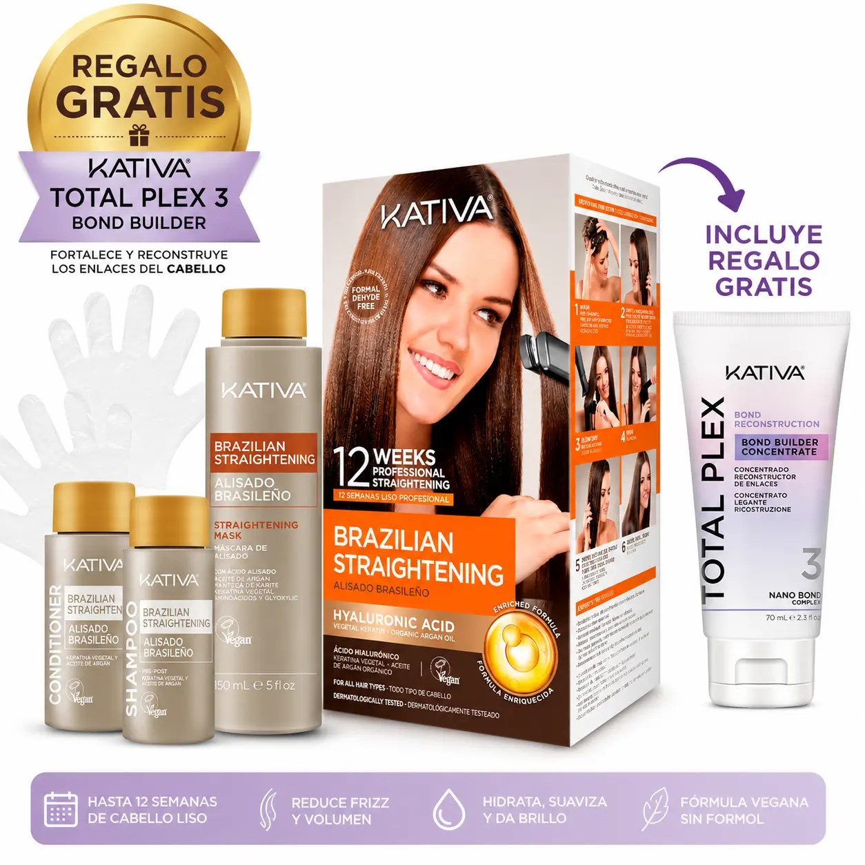 Kativa Brazilian Keratin Straightening Kit - Salon Quality, Plant Based, Frizz Control, Shine, Moisturizing Argan Oil Treatment, 70ml Plex Bond Reconstructor, Deep Repair Hydration, Bond Repair Leave-In, For All Hair Types