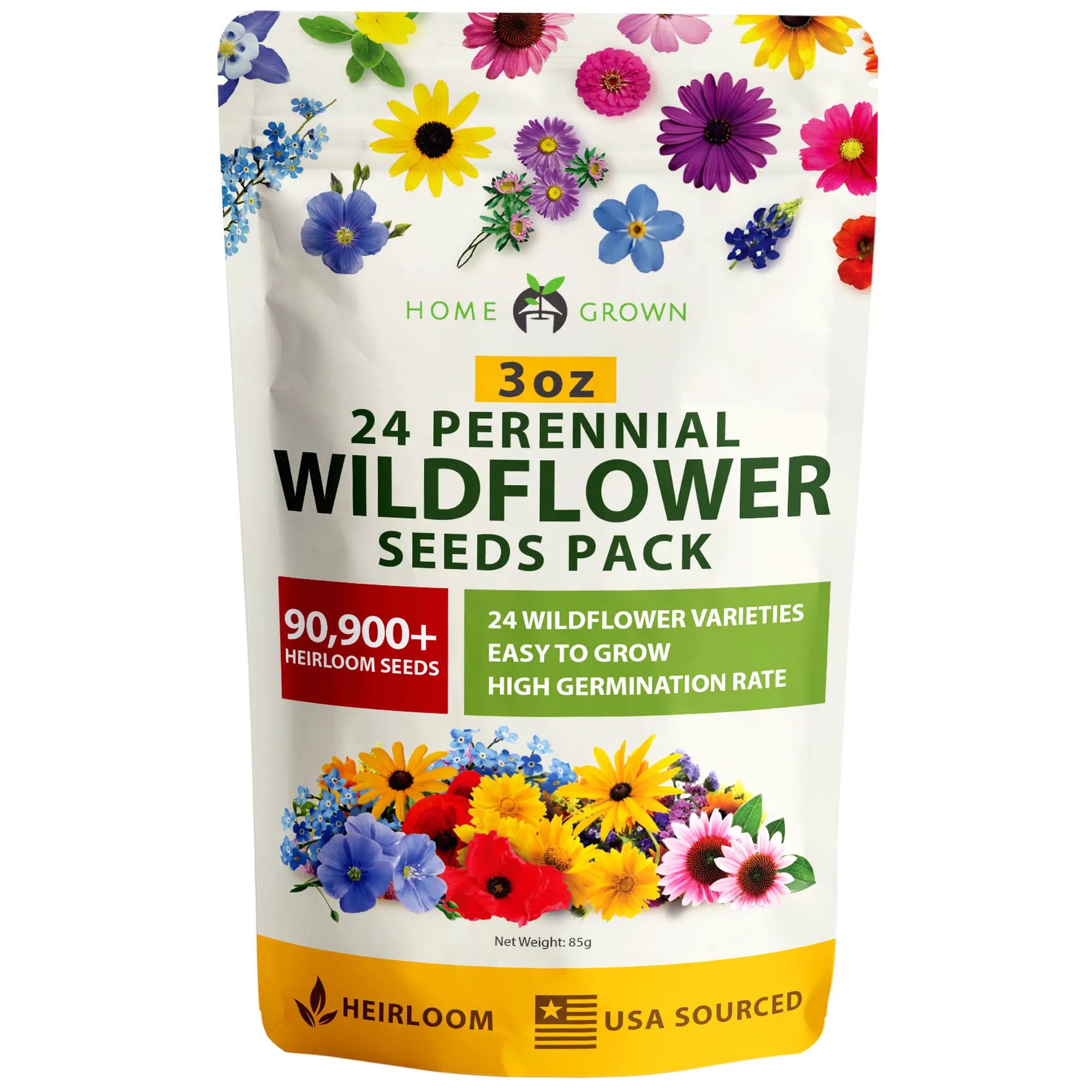Wildflower Seeds Bulk Seeds Mix 3oz (Pure Seeds - No Filler) Attracting Bees, Birds & Butterflies 24 Varieties for Flower Garden