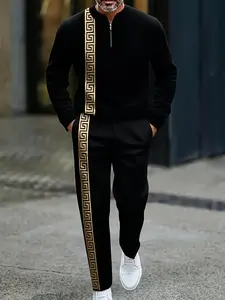 Men's fashion black and gold trimmed half-zipper sweater set, unique paper print to create a casual image of a man, adult casual wear in all seasons, high-quality fabric texture, suitable for gift-giving travel, Menswear, Clothes