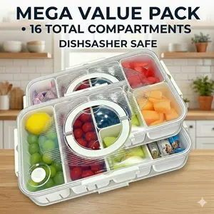 Dual Layer 16-Grid Divided Serving Platter with Lid, Large Capacity Snack & Appetizer Tray Organizer for Hosting and Travel