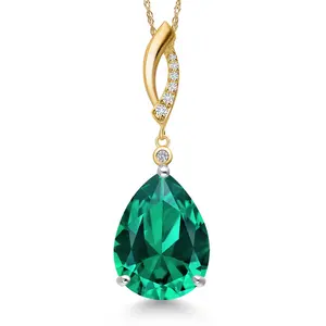 Gem Stone King 925 Silver and 10K Yellow Gold Green Nano Emerald and Lab Grown Diamond Pendant for Women | 8.33 Cttw | Gemstone May Birthstone | Pear Shape 16X12MM