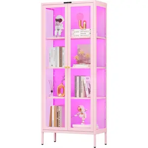 Glass Display Cabinet with Glass Doors, Metal Curio Cabinet with 8-Color LED Lights, 66 Inch Tall Display Case for Collectibles, Pink China Cabinet for Living Room, Assembly Required