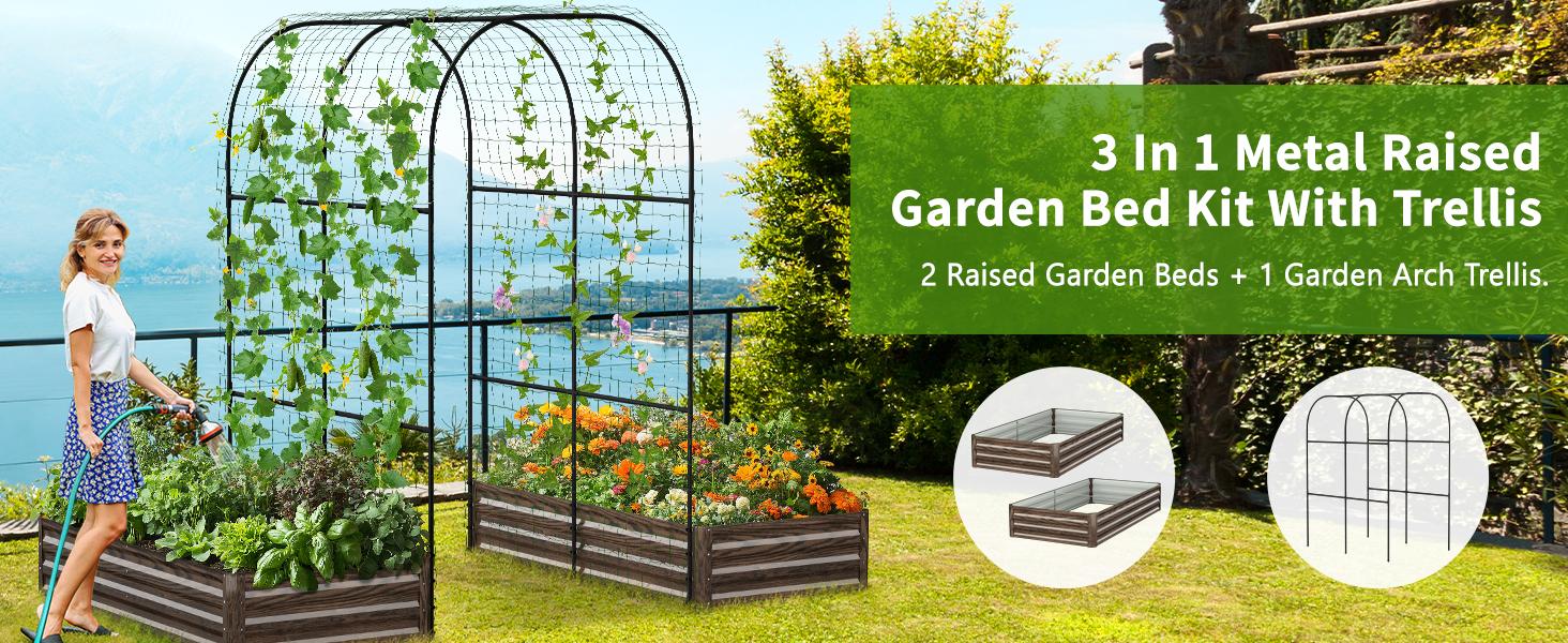 Lilypelle 3 in 1 Raised Garden Bed with Tall Arch Trellis for Climbing Plants, Galvanized Planter Box Outdoor for Gardening, Vegetables, Flower