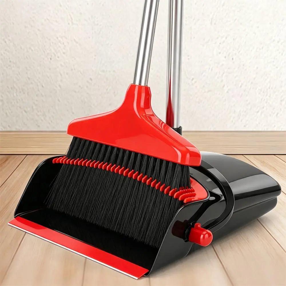 Broom and Dustpan Set Anti-rust Polished Metal Pole Waterproof Plastic Parts Durable Combo For Bathroom Kitchen Indoor Sweeping Cleaning Black & Red