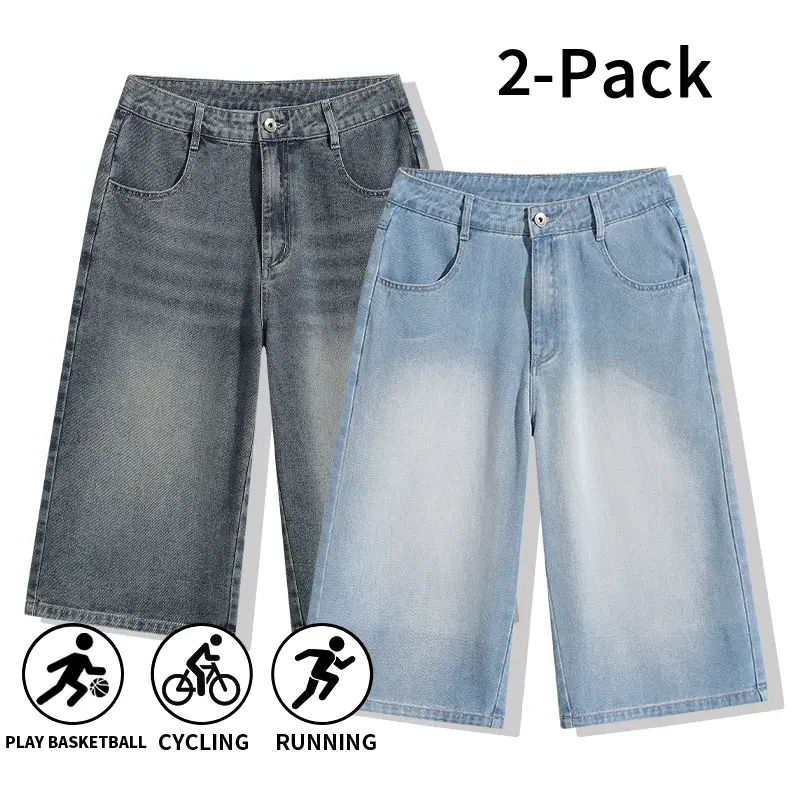 2-Pack Men’s Vintage Washed Cropped Denim Shorts | Baggy Wide-Leg 7/8 Jorts, Casual Summer Basketball Cycling Shorts,clothes for back to school,first day of school outfits