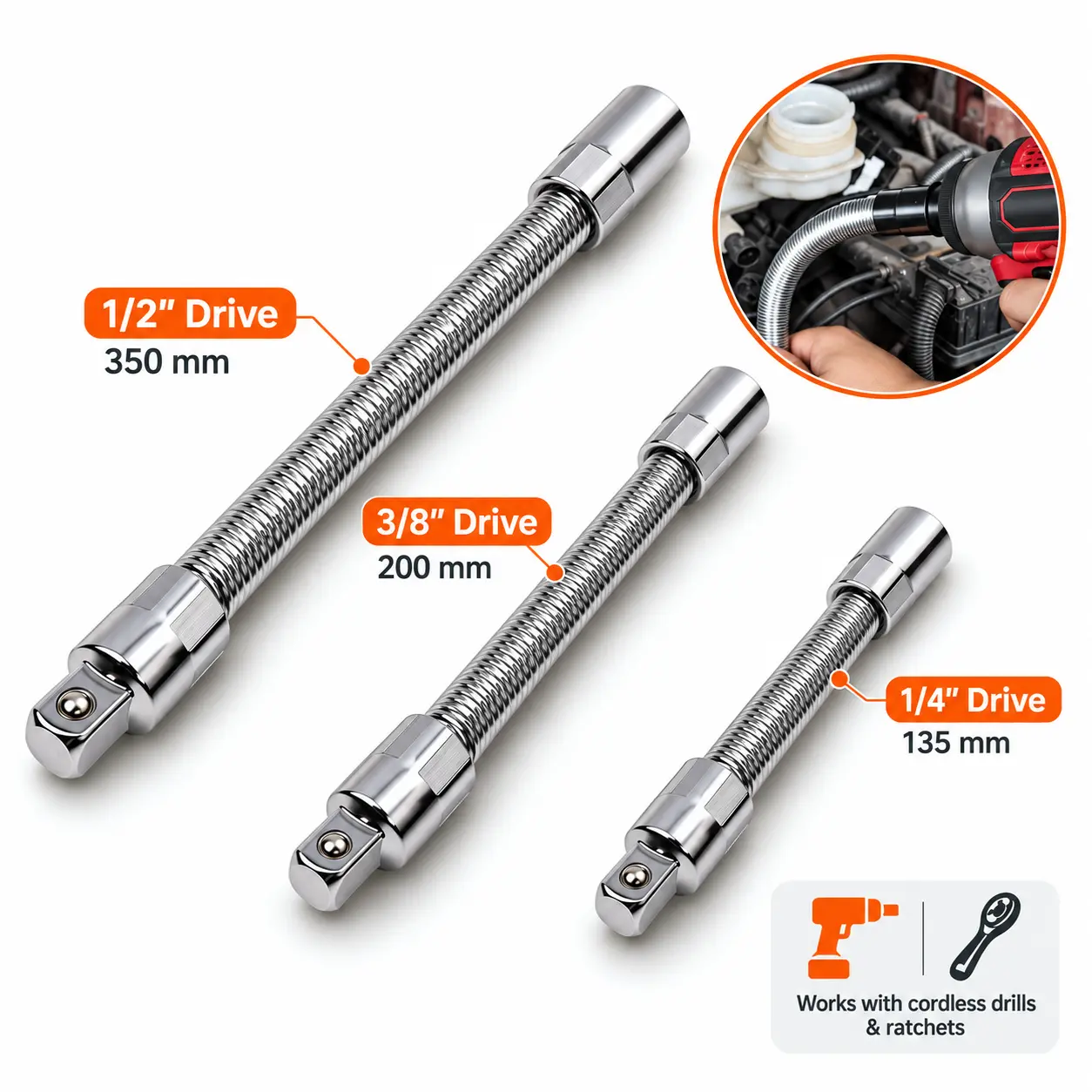 Multifunctional Socket Wrench Set - 1/2 Inch, 35Cm / 13.8In, 3 Bendable Shafts, Wrench Extender, Connecting Rod, Flex Reach (60/90 Degrees), Tight Turns (30 Degrees), Durable Car Repair Mechanic Tools for Home, Field Mechanics