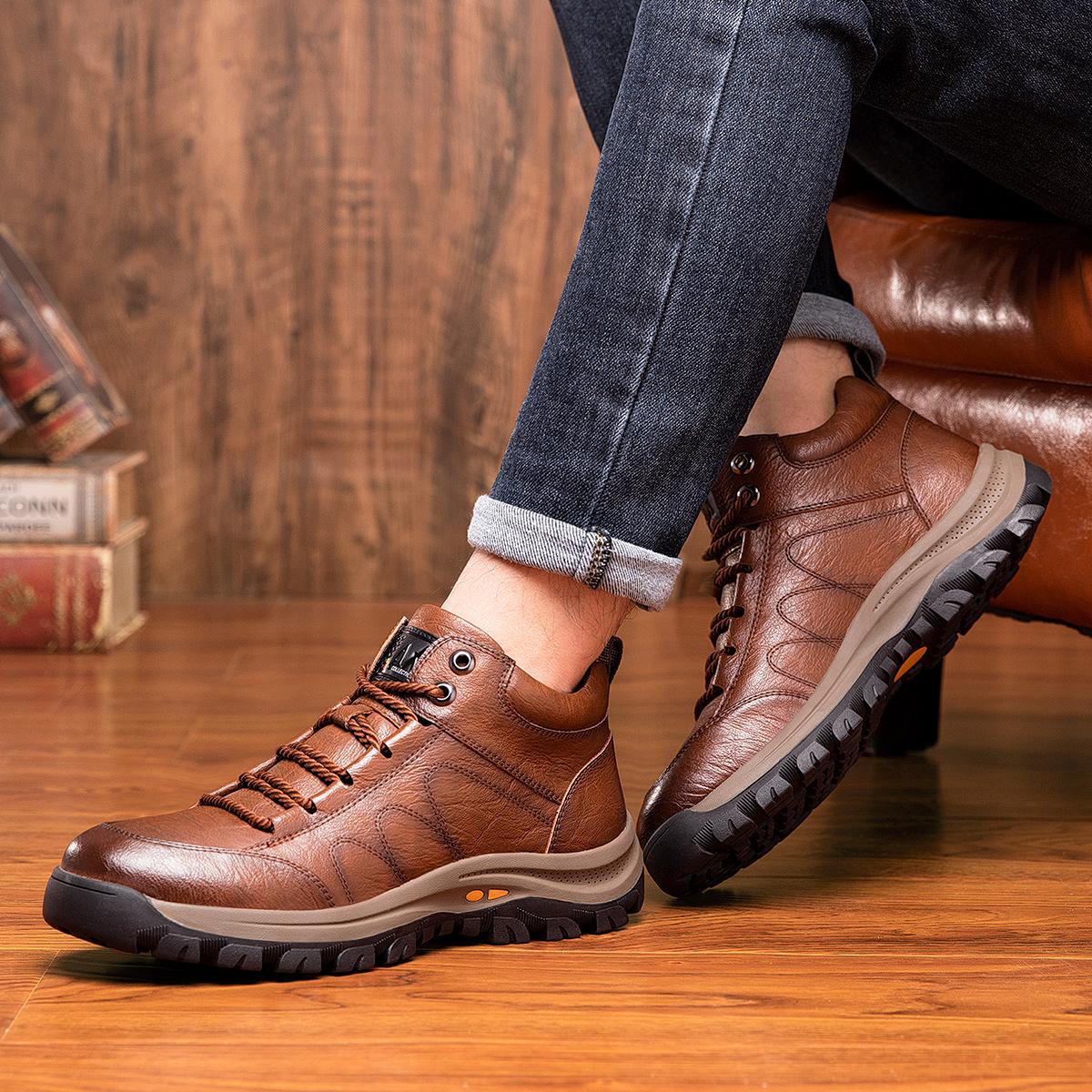 Men's New Fashion Mid-top Casual Shoes Lace-up Outdoor Hiking Leather Boots