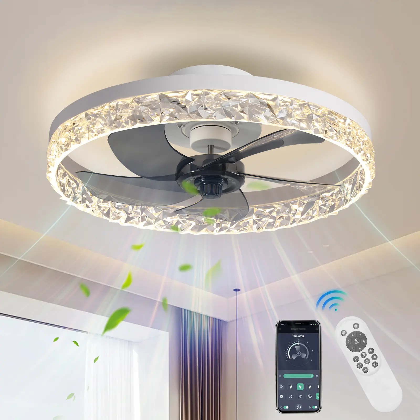 AHAWILL Crystal Ceiling Fans with Lights,Flush Mount Ceiling Fan with Remote,Low Profile,Reversible,Dimmable,White Black Fandelier for Bedroom Chandelier Ceiling Fan Ceiling Lighting Decor Lighting Home Ceiling Lighting