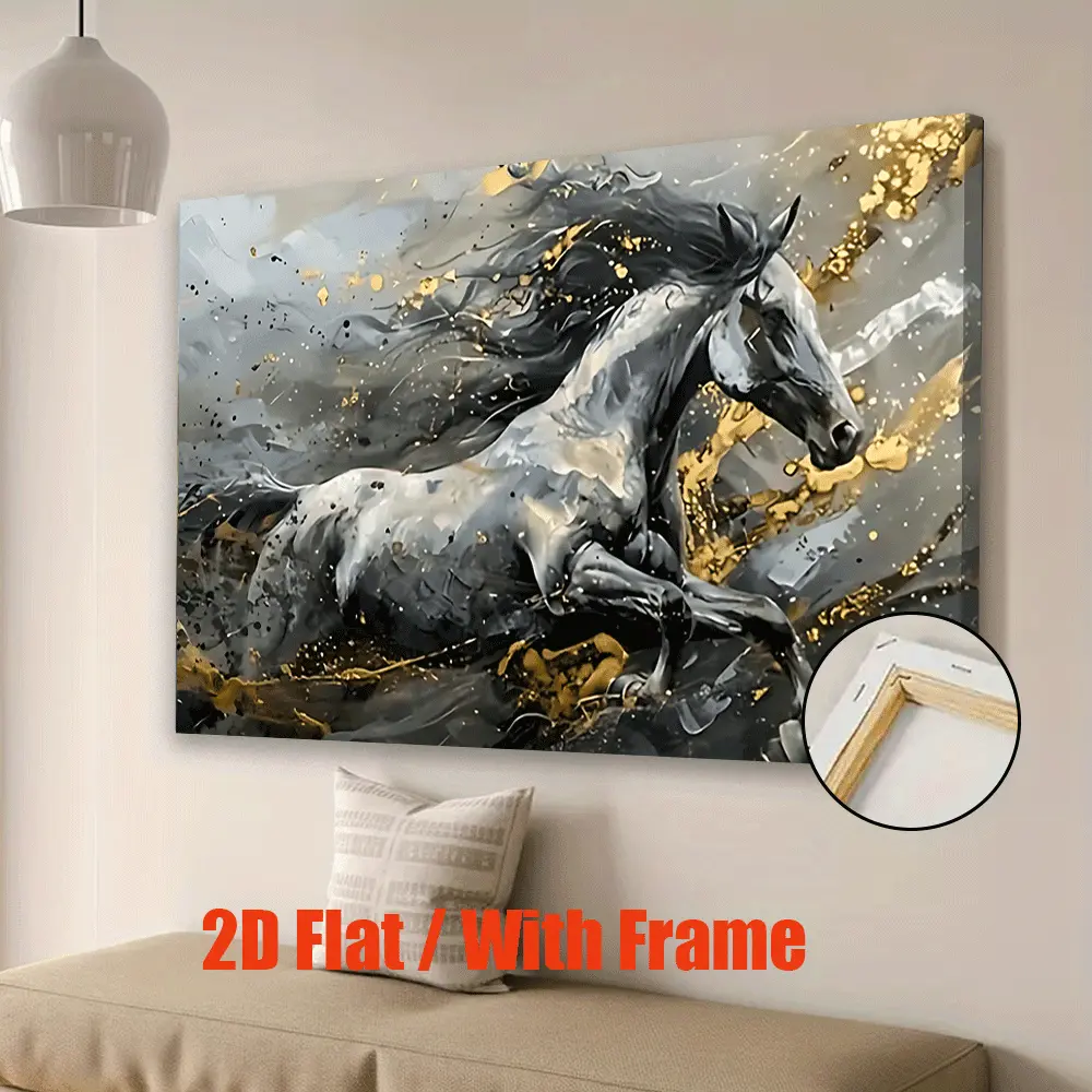 1pc Artistic Rectangular Golden-Black Horse Abstract Framed Wall Art - High-Quality Inner Frame Posters & Prints for Living Room, Office, Indoors Decoration, Perfect Birthday Holiday Gift [JIT]