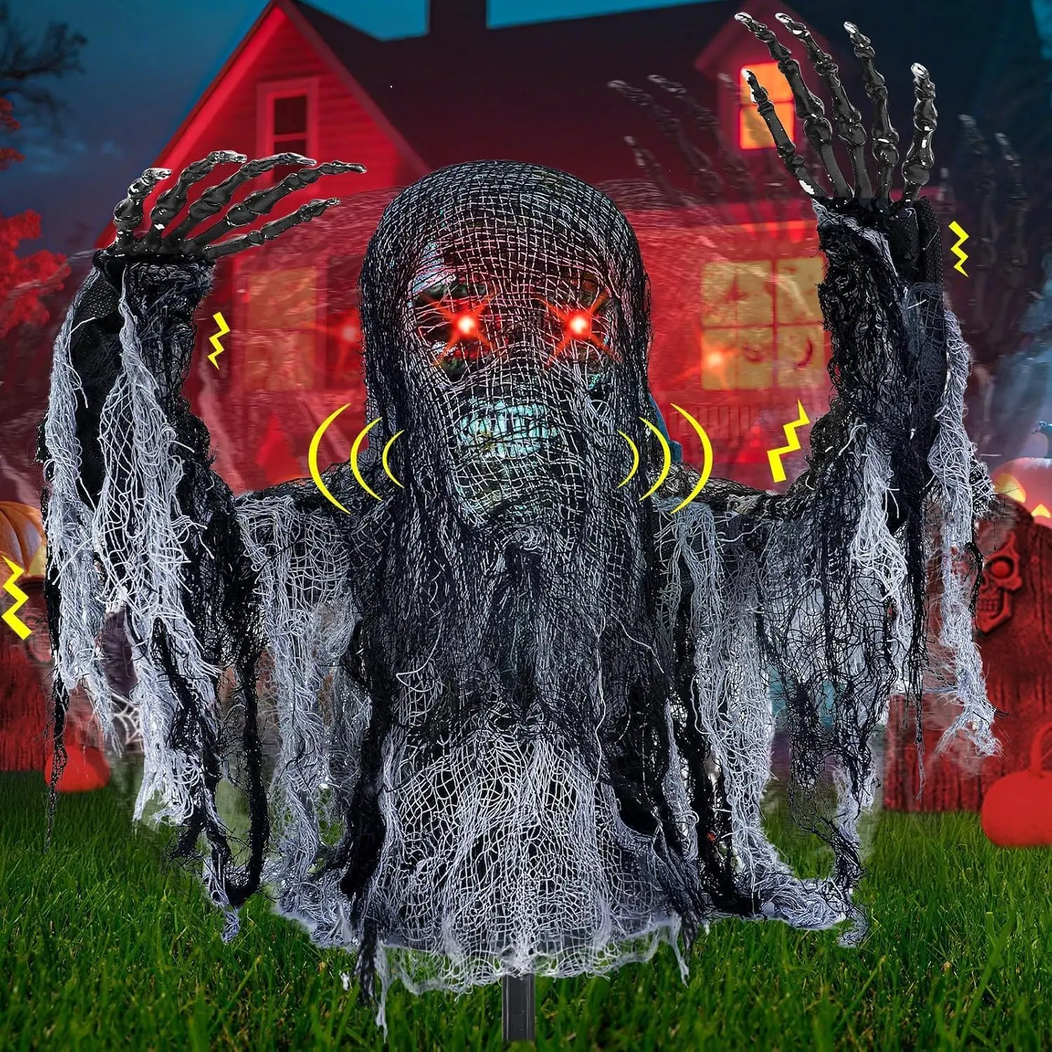 Talking Zombie Groundbreaker Halloween Animatronic with Red Eyes | Rotates & Swings, Activation-Creepy Sound Light Up Eyes Skeleton Groundbreaker Animated Decorations Outdoor Haunted House