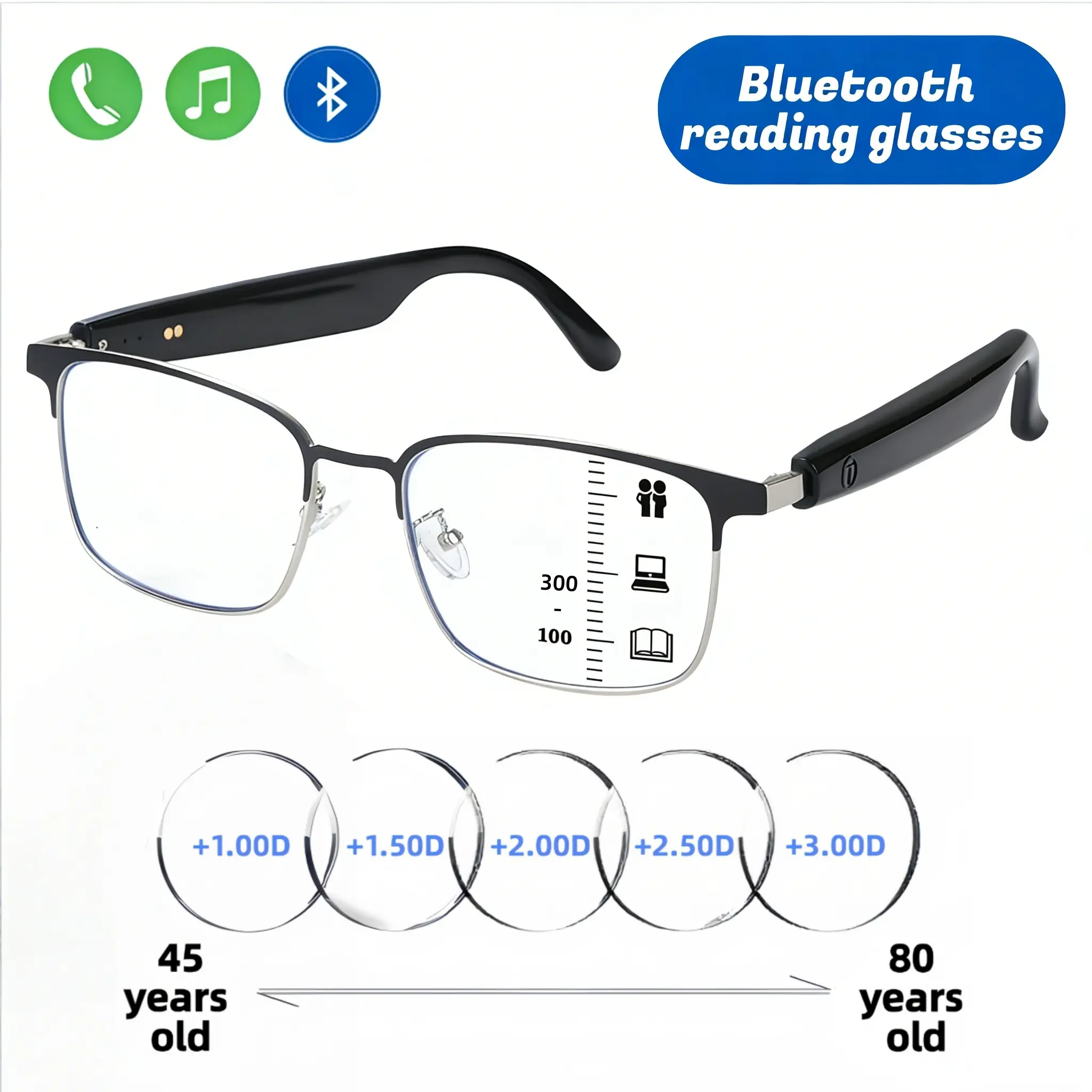 VUB Smart Glasses - Bluetooth Rechargeable Lens Digital Smart Glasses for Seniors, Anti-Blue Light Eye-Friendly, Stereo Sound, Hands-Free Calling, Music Playback, Ideal Gift for Parents