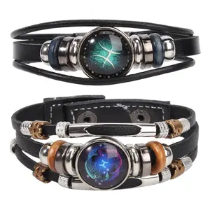 2PCS Multilayer Constellation Zodiac Leather Bracelet Handmade Woven Zodiac Sign Wrap Bracelet Wristband for Women Men Jewelry Birthday Gift