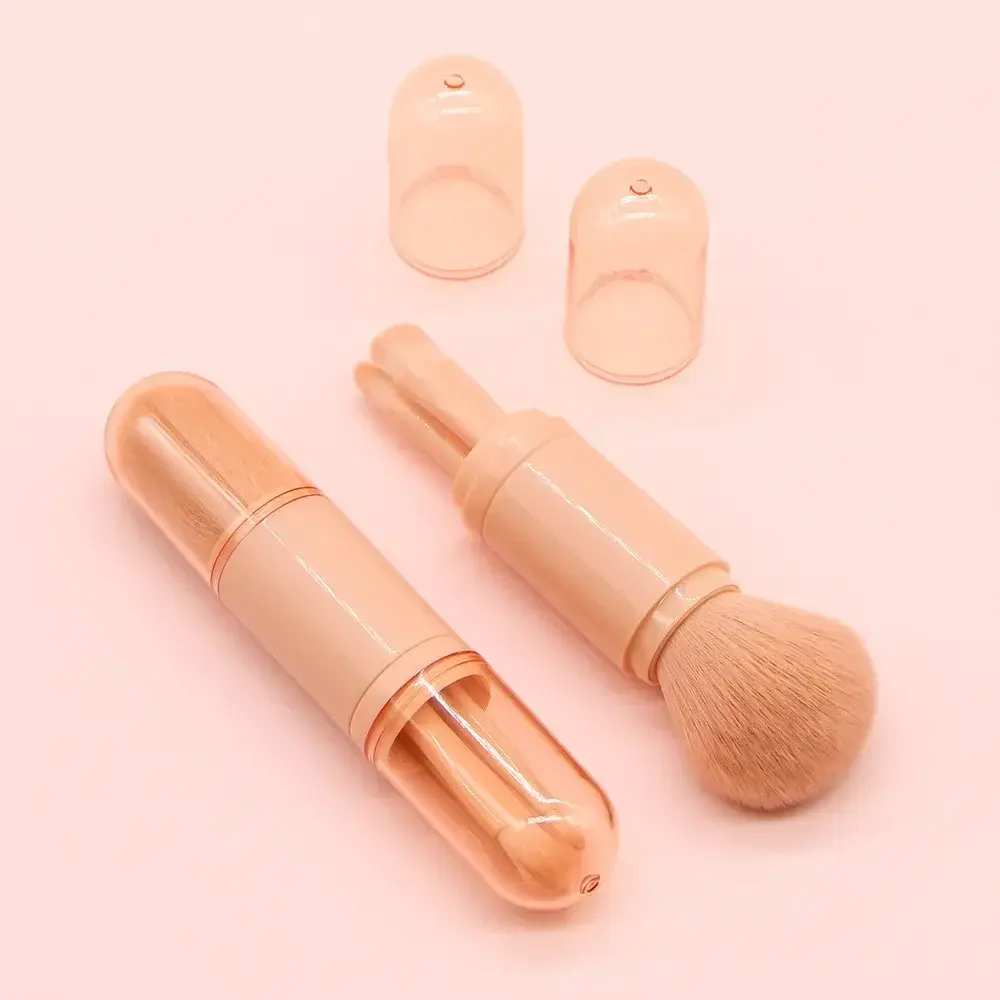 4in1 Travel Makeup Brushes Set Retractable Kabuki Brush and 3 Small Brushes For Eye With Soft Bistles Small Portable For Touchup eyeshadow bristle professional tool set Pink
