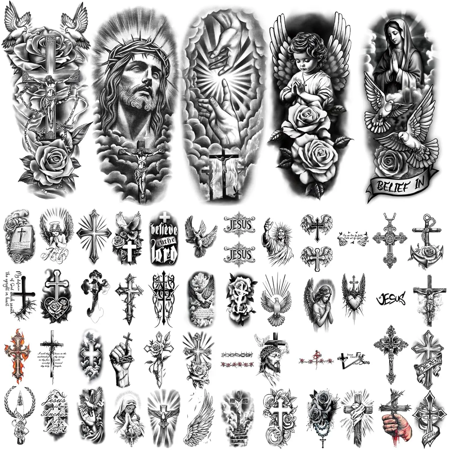 77 Sheets Christian Cross Temporary Tattoo for Women Men, 17 Sheets Half Arm Large Religious Jesus God Fake Tattoos, 60 Angels Black Christ Tiny for Adult Kids Body Tattoos Stickers Realistic