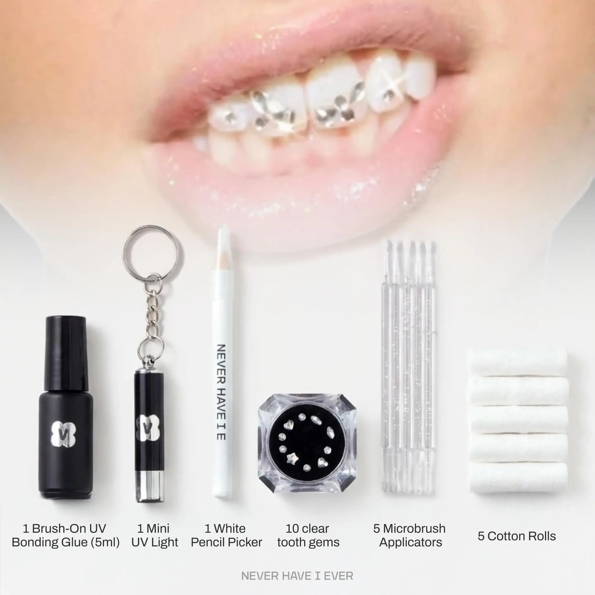 Classic Glam - DIY Tooth Gem Kit with 10 Crystal-Clear Gems, UV Bonding Glue, Mini UV Light, and Reusable Applicators for Sophisticated Style Aesthetic