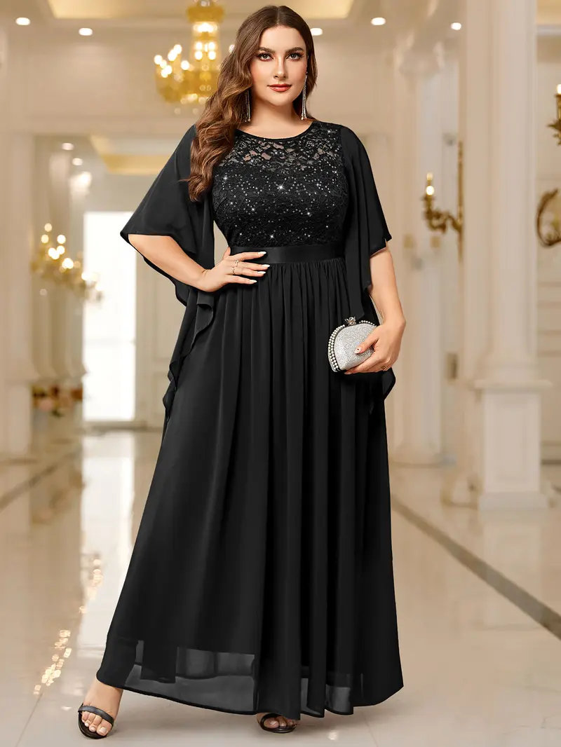 green emerald velvet dress Plus Size Sparkly A-Line V-Neck Sequin Knee-Length Ruffle Formal Dress –  Veauldress main image 0