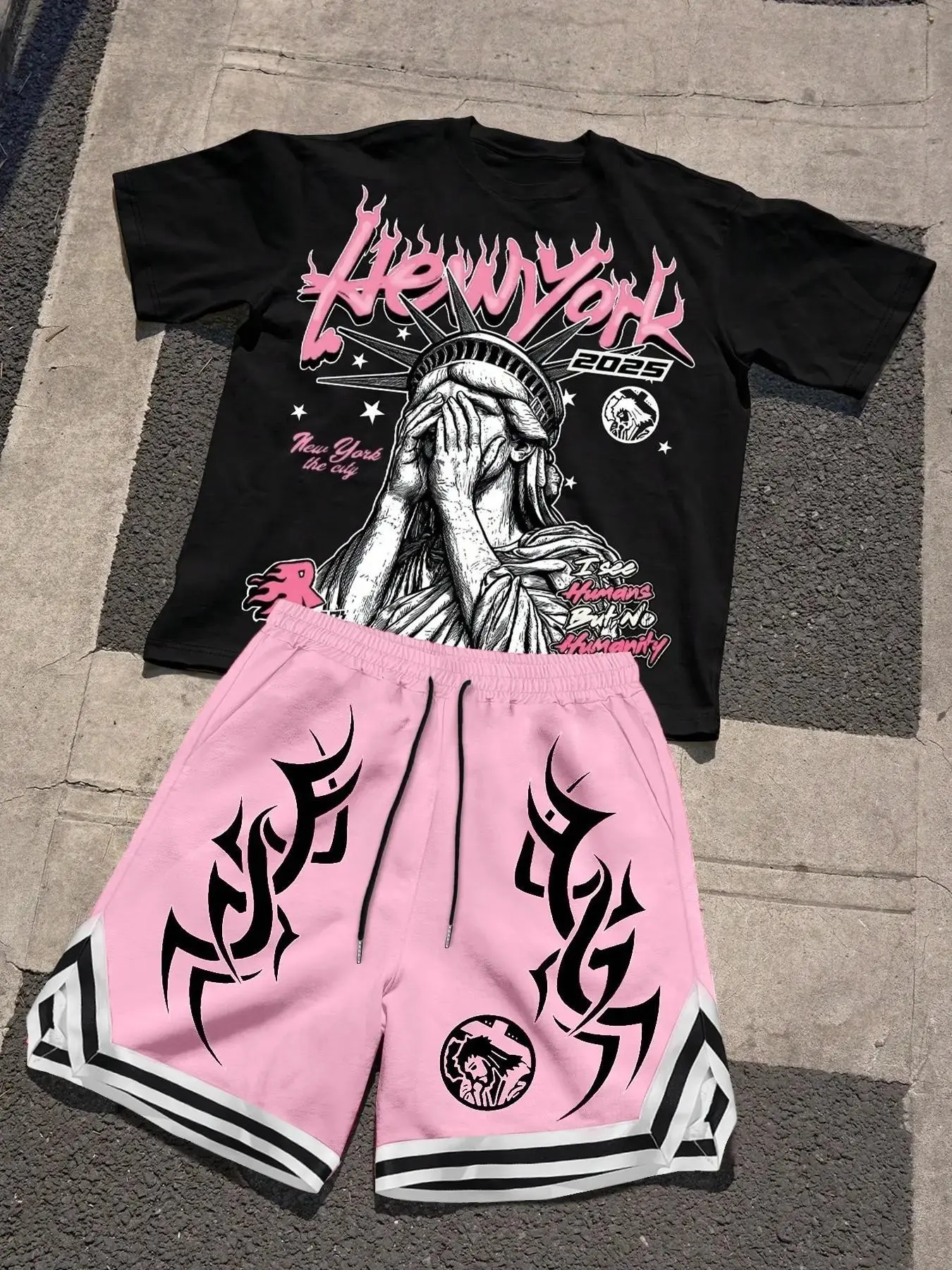 Men's Statue of Liberty Print Set, Contrast Short Sleeve T-Shirt + Flame Pattern Shorts, Y2K Streetwear, Oversized Loose Fit, Casual Style, Aesthetic Clothes, Go out Sets