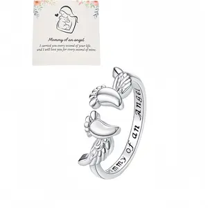 Adjustable Letter&Wing Design Cuff Ring, Fashionable Jewelry for Women, Unique Angel Wing & Foot Shape, "Mommy of an Angel" Engraving Open hug rings, Elegant All-match Accessories for Daily Wear, Perfect Gift for Mom, Girlfriend, Wife, or Friend