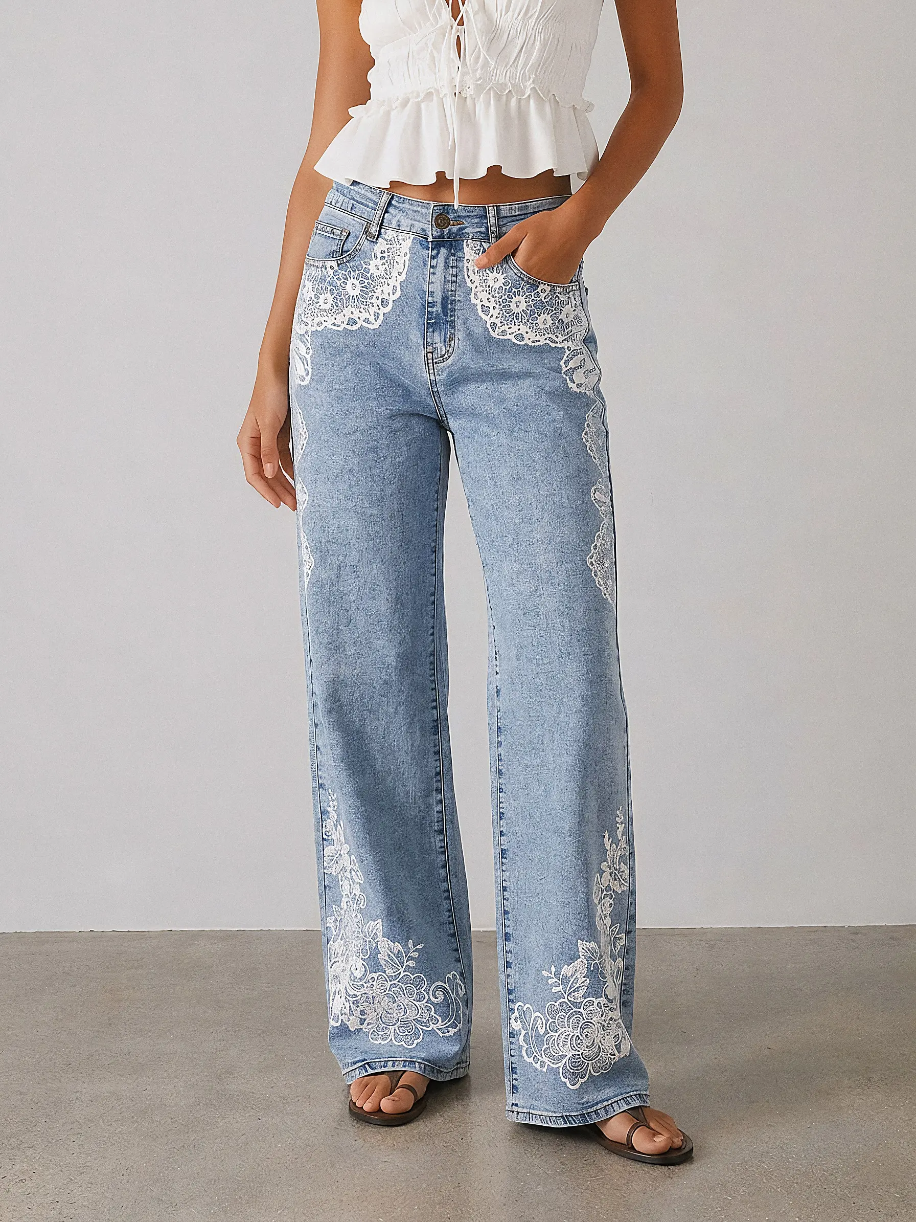 Lace Floral Print Jeans Y2K Wide Leg High Waisted Denim Pants Coquette Aesthetic Light Wash Baggy Jeans Women Soft Girl Outfit Womenswear Elegant Bottom