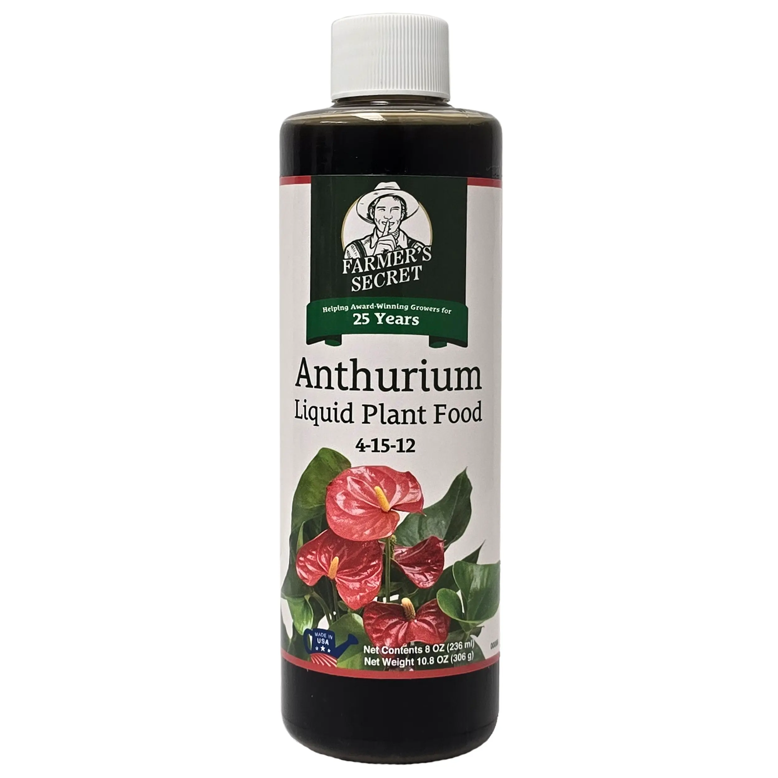 Farmer's Secret Anthurium Liquid Plant Food Fertilizer (8oz) - Super Concentrated - Promotes Growth and Flowering - 4:15:12 Ratio