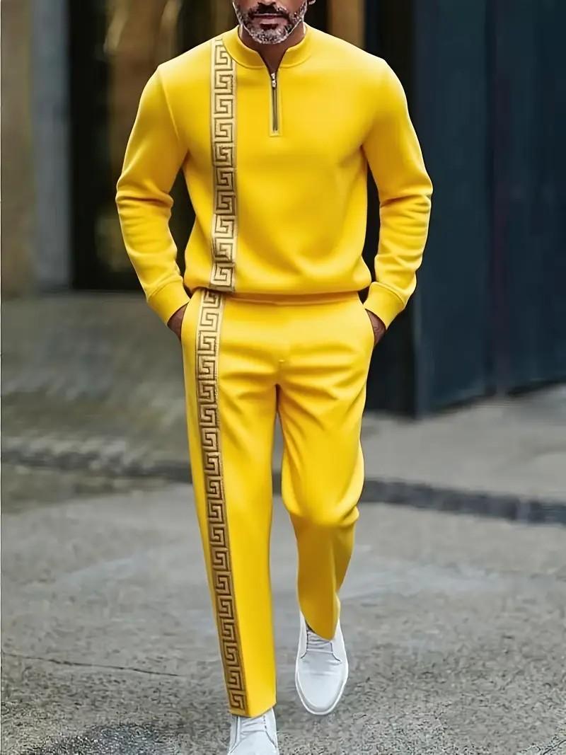 Men's half zip-up sweatshirt and pants set with Greek key design details, stylish sports outfit suitable for casual streetwear