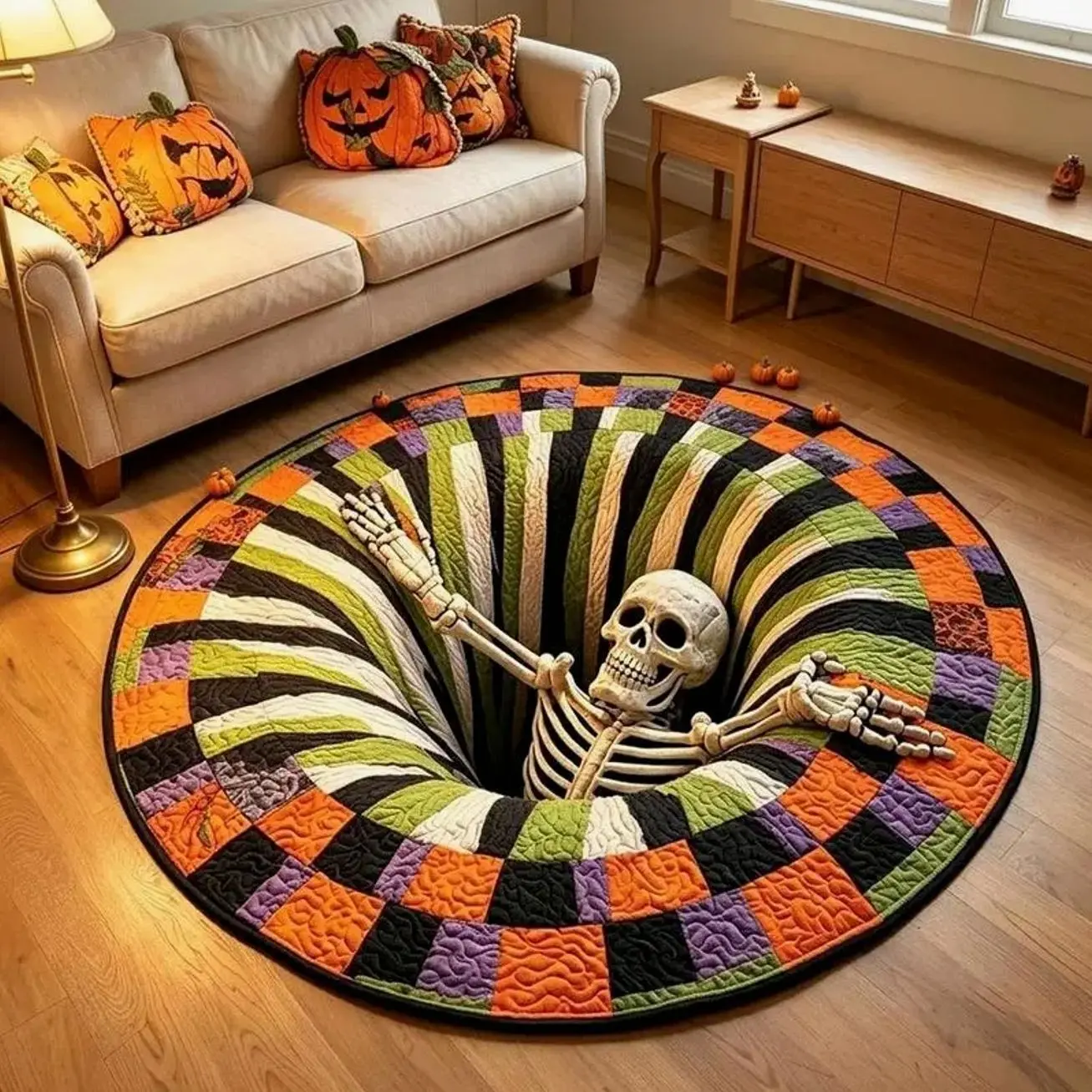Halloween 3D Skeleton Vortex Round Rug, Spooky Optical Illusion Floor Mat, Soft Non-Slip Area Carpet for Home Halloween Decor