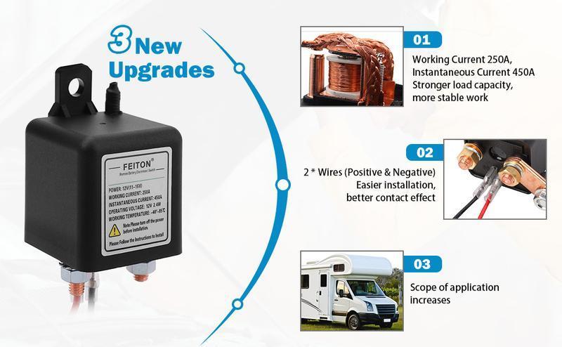 Remote Battery Disconnect Switch 12V Battery Kill Switch 250A Anti-Theft Isolator with Remote Control and Battery Negative Cut Off Function Convenient Remote Battery Disconnect Switch 12V Battery Kill Switch 250A Anti-Theft Isolator with Remote Control and Battery Negative Cut Off Function Convenient