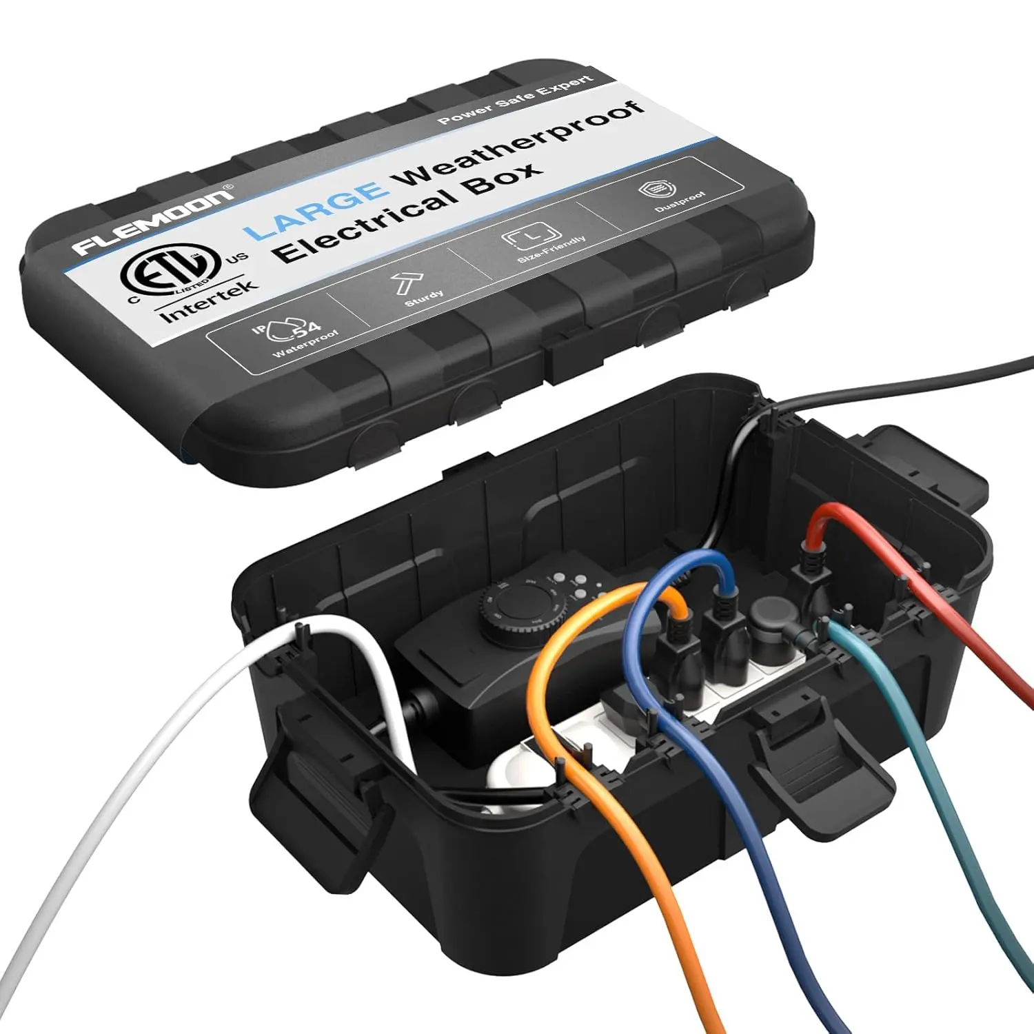 Restmo Large Plastic Outdoor Electrical Box (12.5x8.5x5 in) - IP54 Waterproof Extension Cord Cover, Safety Protection Organizer, Modern Outlet/Plug Decor, CSA C22.2 No.94.1/94.2 Compliant, Black for Fountains, Pool Pumps, Clamps, Organiser