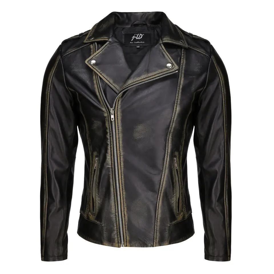 Biker Style Vintage Leather Jacket Men - Casual Fashion Asymmetric Zip-Up Cafe`Racer Waxed Lambskin Leather Motorcycle Jacket