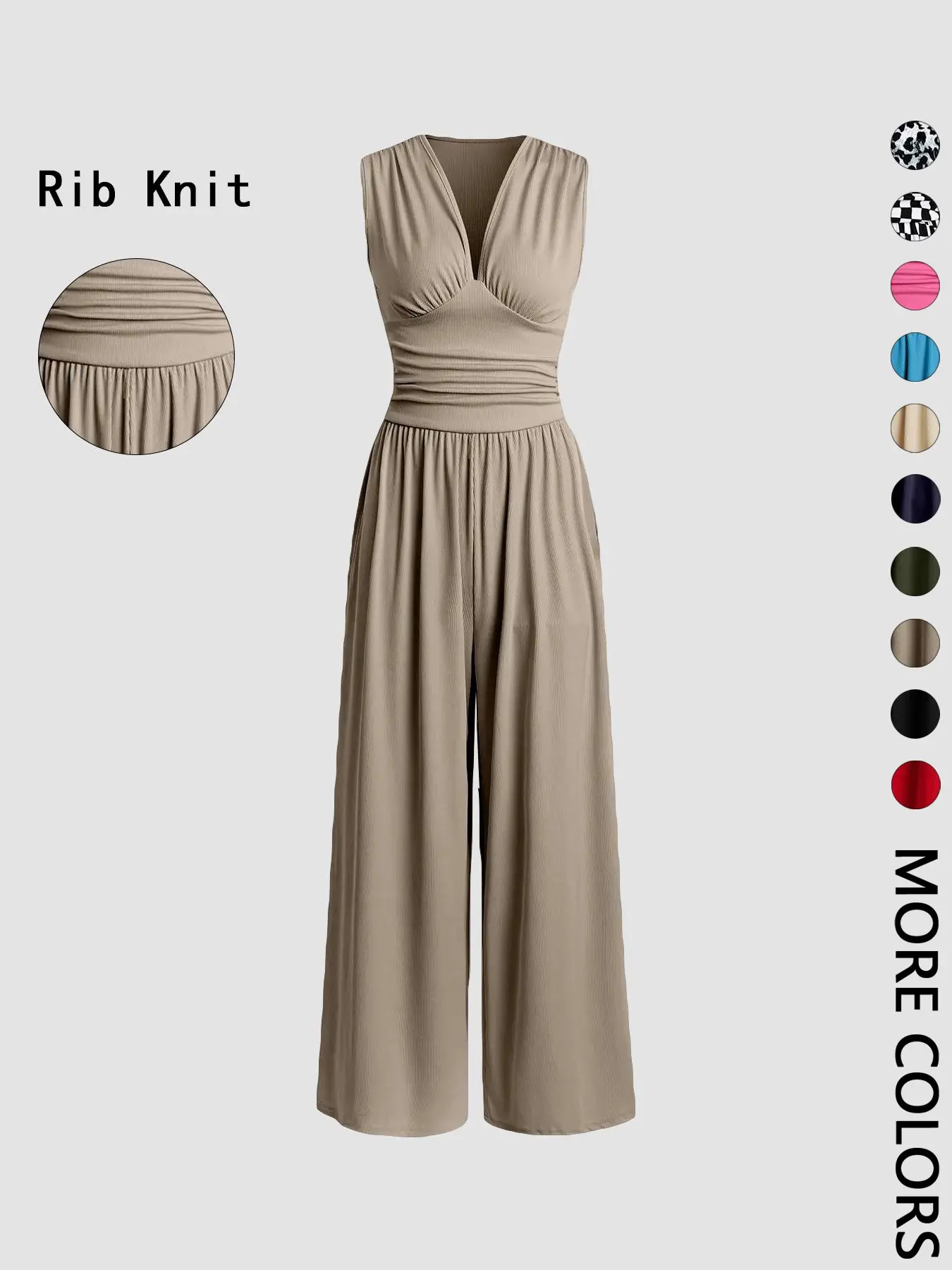 Women's Plain Ruched Deep V Neck Wide Leg Jumpsuit, Casual Sleeveless Ribbed Jumpsuit for Daily Wear, Ladies Clothes for All Seasons, Casual Fashion Jumpsuit, Womenswear Basic Minimalist