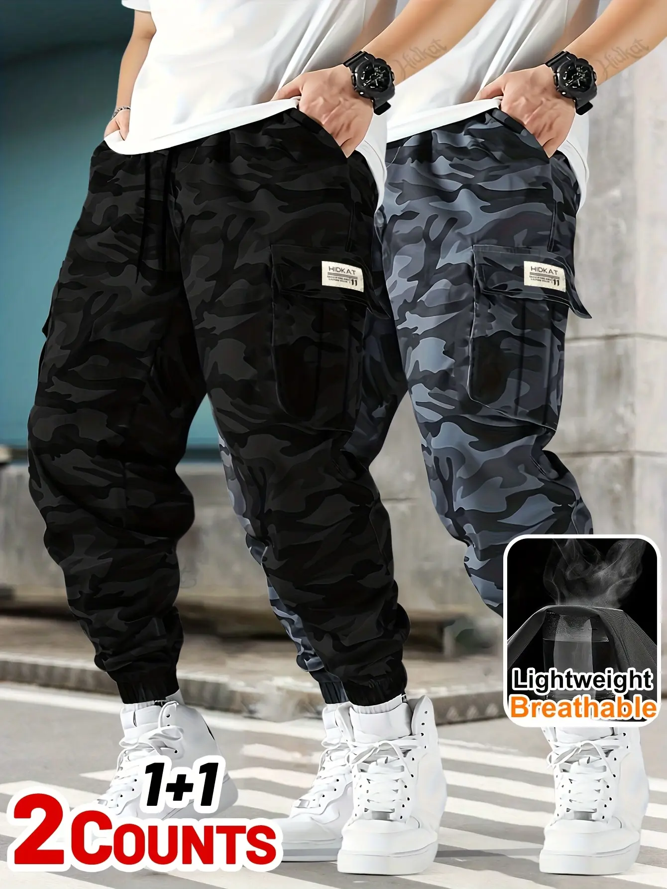 Men’s Retro Loose Camouflage Cargo Pants 2-Pack - Lightweight, Breathable, Adjustable Drawstring Waist, Utility Flap Pockets, for Casual Daily Wear & Outdoor Hiking